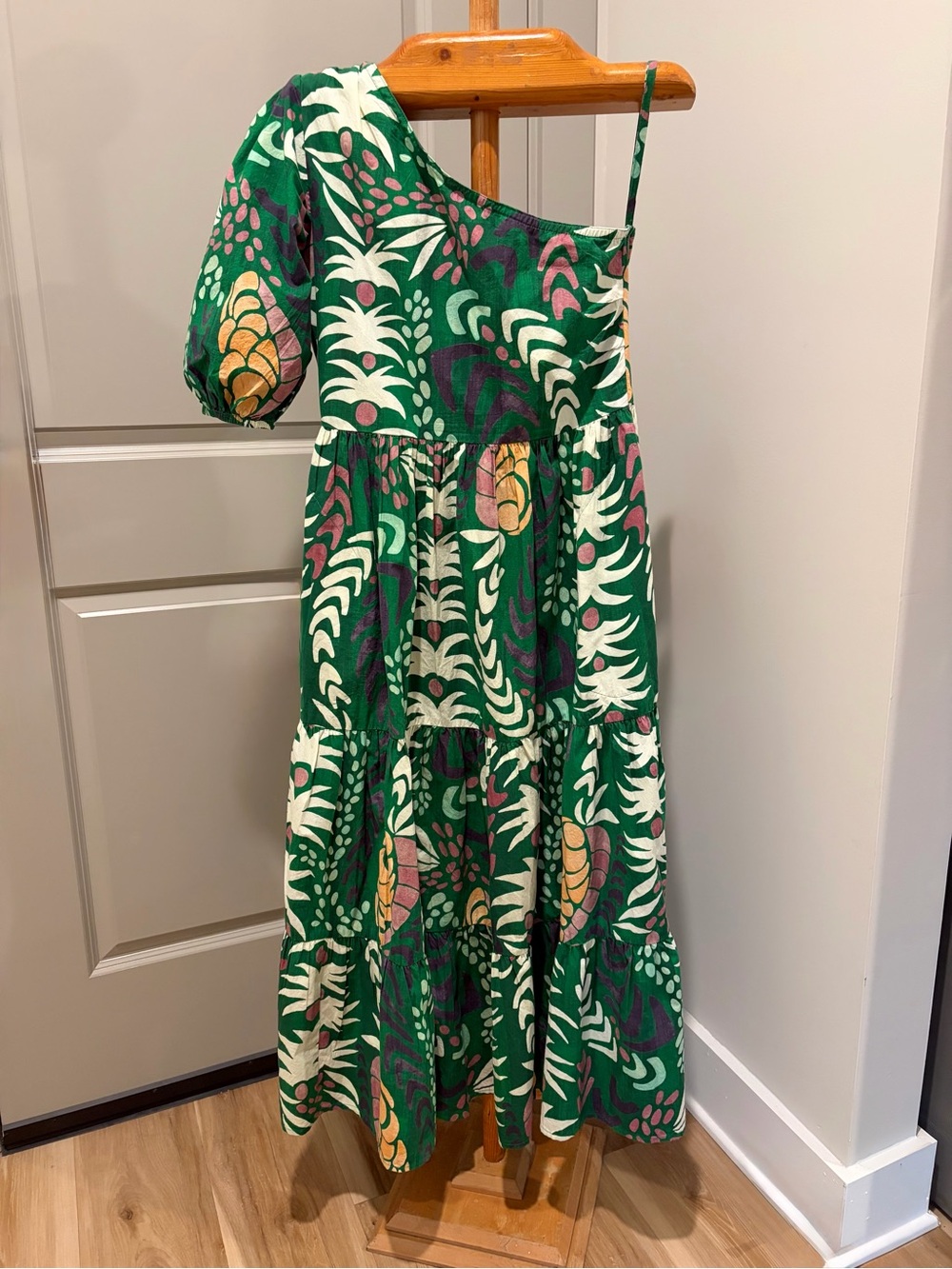 Oliphant One Shoulder Cotton Maxi Dress in Polly Green Tropical Size Small